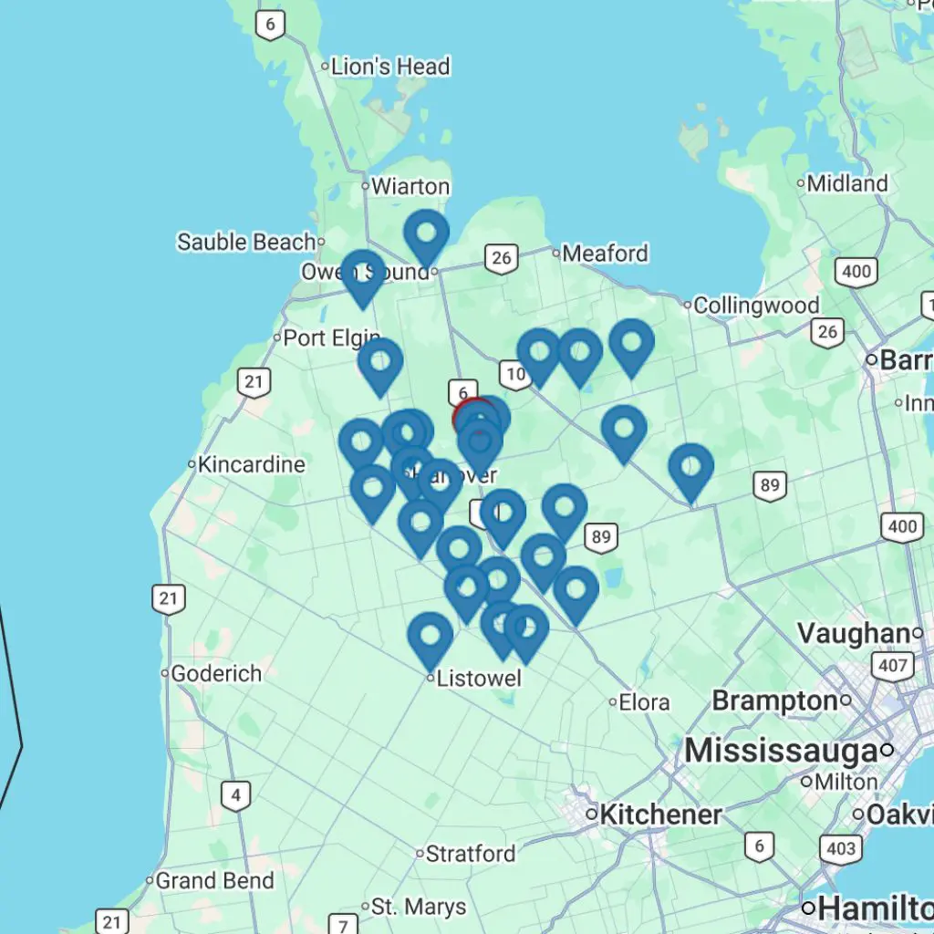 Map view of grocery stores that carry Pebbles Frozen Favourites Dinners