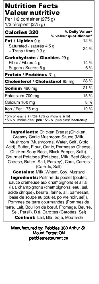 Pebbles Chicken Breast Dinner-Gourmet-Carrots-Corn - Nutrition Label