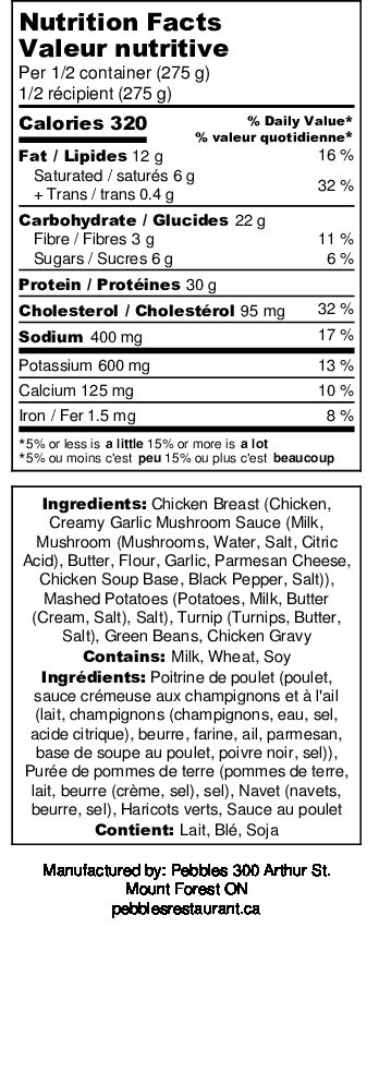 Pebbles Chicken Breast Dinner-Mashed-Beans-Turnips - Nutrition Label