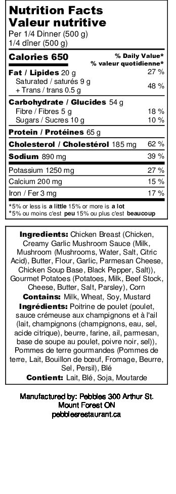 Pebbles Chicken Dinner for 4-Gourmet-Corn - Nutrition Label