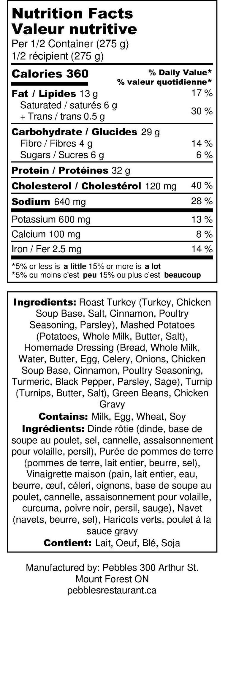 Pebbles Turkey Dinner - Mashed - Dressing - Turnip - Beans - Nutrition Label