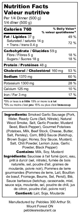 Pebbles Sausage Dinner - Gourmet - Corn (Dinner for 4) - Nutrition Label (3)