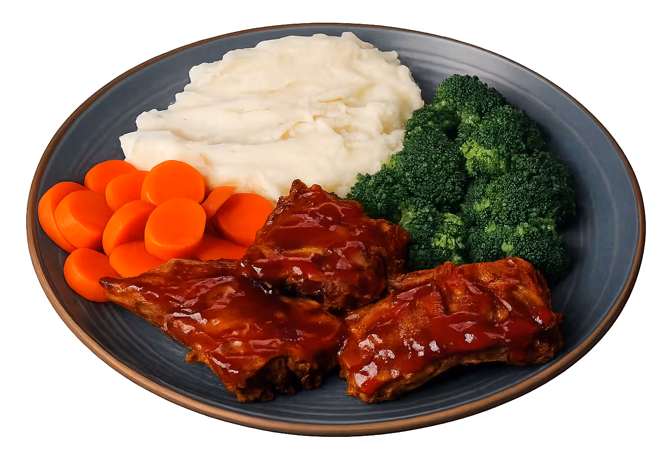 BBQ back ribs dinner with mashed potatoes, broccoli, and carrots
